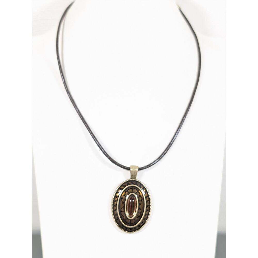 Lia Sophia Brown‎ Enamel Oval Pendant Cord Necklace Boho Western 20" - Picture 2 of 9